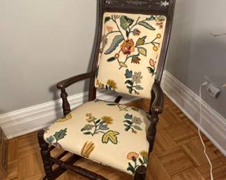 Victorian Eastlake Style Rocking Chair with Floral Crewel-work Upholstery