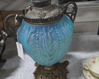 Victorian Blue Satin Glass Oil Lamp with Beaded Drape Pattern