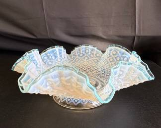 Fenton Aqua Crest Diamond Lace Opalescent Ruffled Bowl Riscam5-26-37