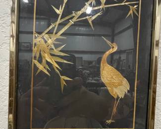 Vintage Straw Marquetry Crane and Bamboo Wall Art