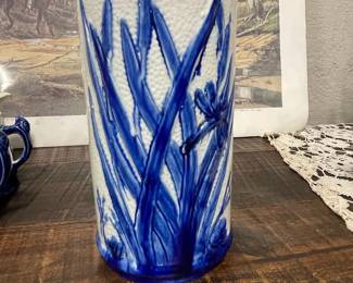 Old Sleepy Eye Stoneware Vase with Dragonfly and Cattails