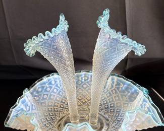 Fenton Aqua Crest Diamond Lace Opalescent Ruffled Bowl Riscam5-26-37