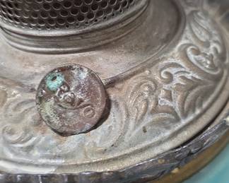Victorian Blue Satin Glass Oil Lamp with Beaded Drape Pattern