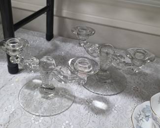 Fostoria Glass Co. Set Clear Glass American Pattern Double Flat Foot Candlestick Holder