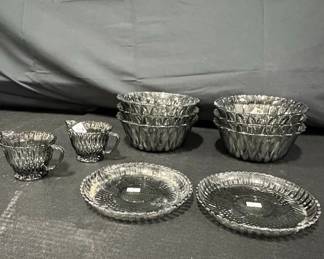 Vintage Smoky Gray Pressed Glass Creamer and Sugar Set with Bowls and Plates Set Riscam5-26-210