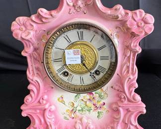 Victorian Pink Porcelain Mantel Clock with Floral Motif - Ansonia or Royal Bonn Riscam5-26-69