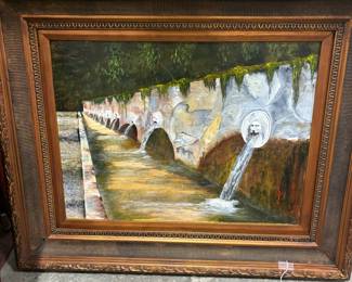 Framed Oil Painting of a Fountain with Lion-Head Spouts Riscam5-26-6