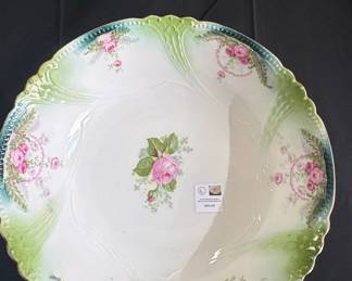 Antique R.S. Prussia Porcelain Serving Bowl with Pink Roses and Green Accents Riscam5-26-56