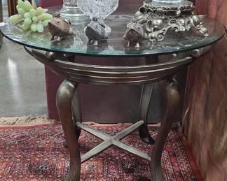 Maitland Smith Neoclassical Style Scrolled Iron Round Beveled Glass Top Table