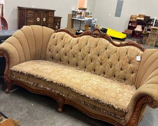 Victorian Style Tufted Sofa with Carved Mahogany Frame Burton #1