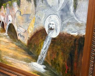 Framed Oil Painting of a Fountain with Lion-Head Spouts Riscam5-26-6