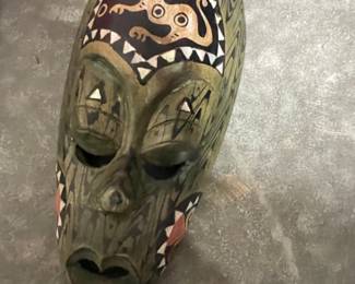 Hand Carved Wooden Mask with Mother of Pearl Inlay