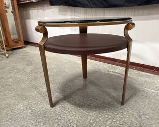 Mid-Century Modern Two-Tiered Side Table with Glass and Faux Leather Burhou1-11