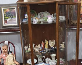 Antique Oak Curved Glass China Curio Cabinet