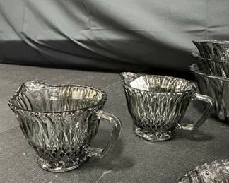 Vintage Smoky Gray Pressed Glass Creamer and Sugar Set with Bowls and Plates Set Riscam5-26-210