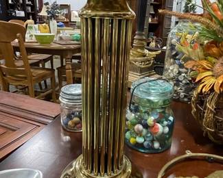 Mid-Century Modern Brass Columnar Pedestal Candle Holder - Cylindrical Cage Style