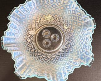 Fenton Aqua Crest Diamond Lace Opalescent Ruffled Bowl Riscam5-26-37