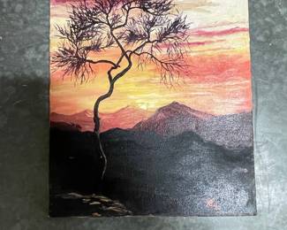 Original Oil Painting, Signed 'XF '80' - Tree and Sunset Landscape