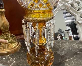 Amber Cut Crystal Epergne or Tazza with Prisms