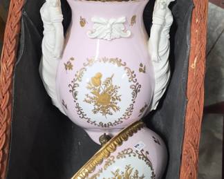 Pair of French Sèvres Style Porcelain Covered Urns with Figural Handles