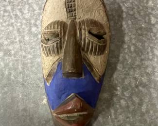 West African Style Decorative Wood Mask with Blue Accents