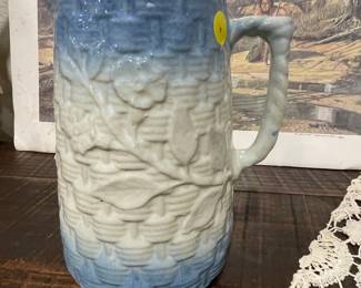 Antique Blue & White Salt Glaze Stoneware Pitcher Floral Basket Weave