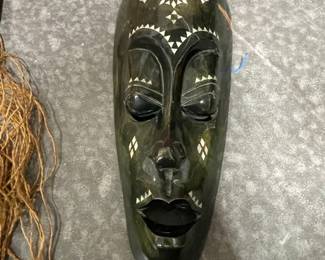 Decorative Carved Wood Wall Mask, Mother of Pearl Inlay