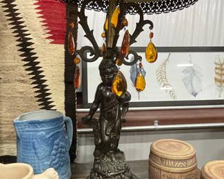 Victorian Revival Cherub Figural Table Lamp with Amber Crystals
