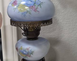 Vintage Blue Milk Glass "Gone With The Wind" Style Hurricane Lamp with Floral Design