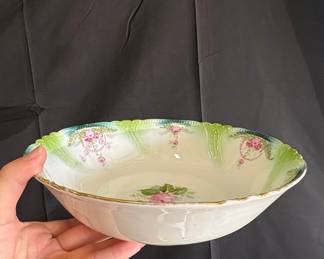 Antique R.S. Prussia Porcelain Serving Bowl with Pink Roses and Green Accents Riscam5-26-56