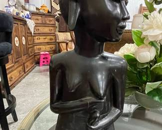 Vintage Hand-Carved Ebony Wood African Woman Statue