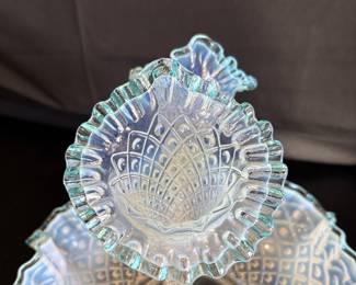Fenton Aqua Crest Diamond Lace Opalescent Ruffled Bowl Riscam5-26-37