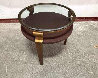 Mid-Century Modern Two-Tiered Side Table with Glass and Faux Leather Burhou1-11