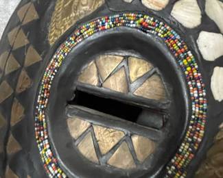 Handmade Ghanaian Decorative Wall Mask with Shell and Bead Inlay