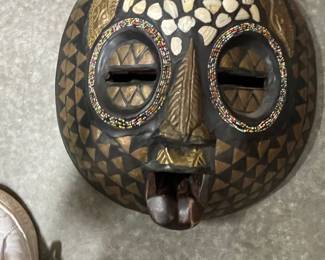 Handmade Ghanaian Decorative Wall Mask with Shell and Bead Inlay