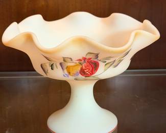 Hand Painted Signed Fenton Ivory Satin Glass Compote