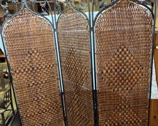 Over 6 foot 3 panel Metal and Wicker Room Divider