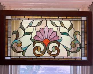 216 Art Nouveau Shell 40In. X 21In. Stained Glass Transom Panel