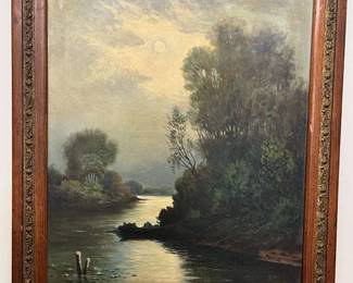 216 F. Graf Pastoral River Landscape Original Oil