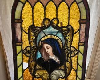 216 Madonna 39In. X 24In. Antique Stained Glass Panel