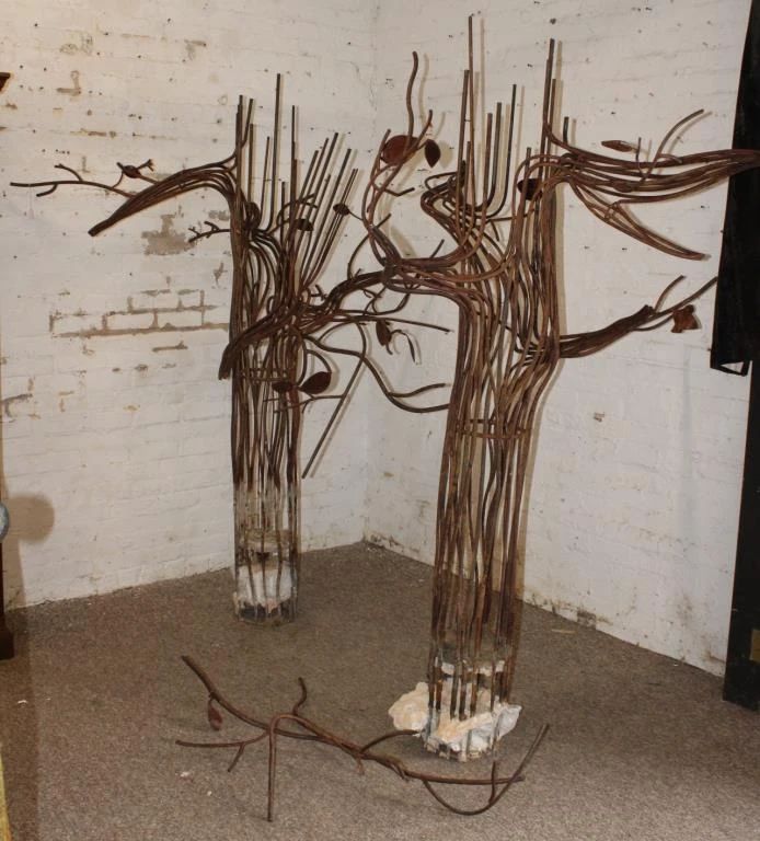 A Pair of Metal Tree Sculptures approx 83" tall and 61" wide (BRING HELP TO MOVE THESE, THEY ARE VERY HEAVY)