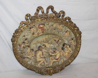 19th Century Italian 3D Relief Wall Plaque signed Handpainted Neo Classical Figural Scenes in ornate frame 21" x 21"