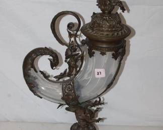 18.5" tall Bronze Cornucopia w/ opalescent glass