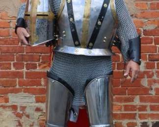 10pc Steel Knight Armor and Chainmail 2 Full Leg Plates, Breastplate, Backplate, chainmail shirt, chainmail head covering, Helmet, Leather arm covers, cape (chainmail is 29.5lbs together)