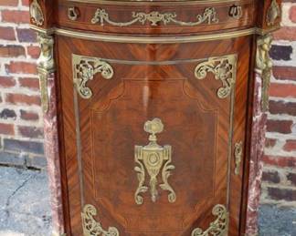 Louis XVI Style Marquetry & Ormolu mounted corner cabinet wirh red marble top and pillars.