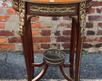 Louis XVI Style 1 drawer table w/brass ormolu under shelf basket on stretcher. 34" Tall.