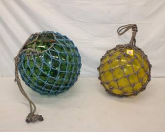 Japanese Handblown Yellow Glass Buoy w/ net 12" diameter and Japanese Handblown Green Glass Buoy w/ net 15" diameter
