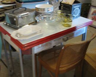 enamel top table and kitchenware 
