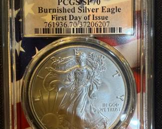 2019W Burnished American Silver Eagle PCGS SP70 First Day of Issue  Perfect Grade W Mint