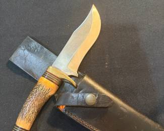 Vintage Fixed Blade Hunting Knife w Genuine Stag Antler Handle  Leather Sheath